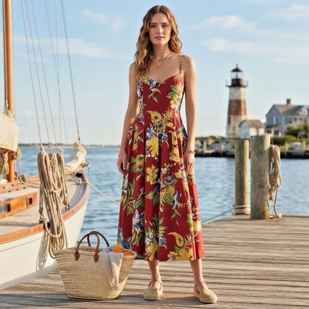 POLO Ralph Lauren Paradise Patels Floral Midi Dress Sz 12 Basque Waist Coastal